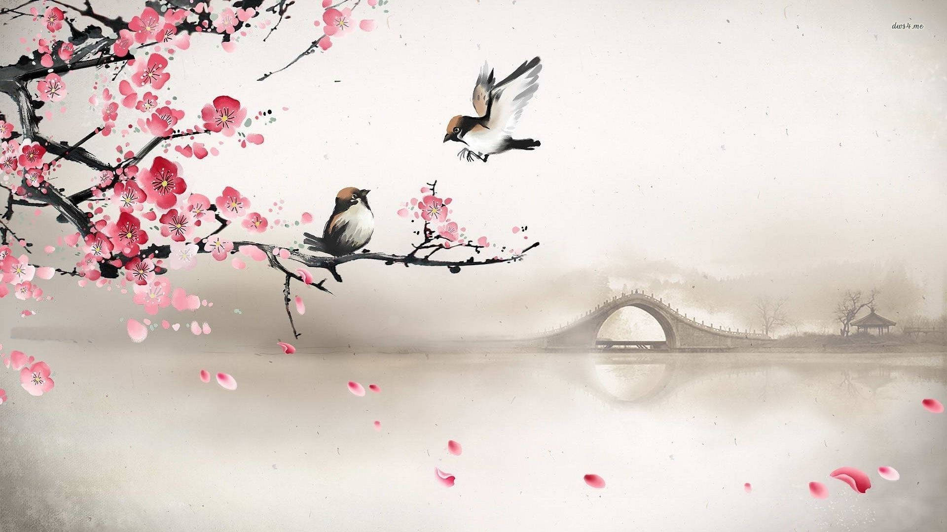 Birds On A Branch Digital Drawing Wallpaper
