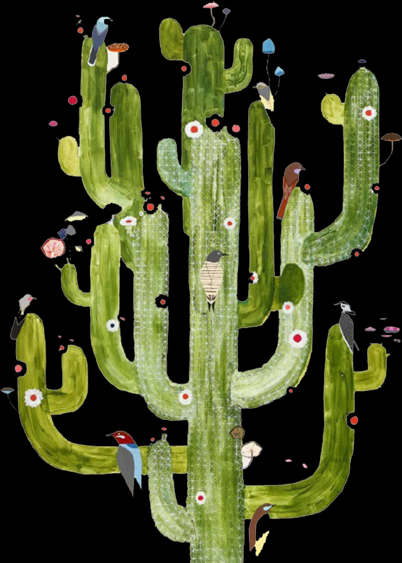 Birds Perchedon Saguaro Cactus Illustration PNG