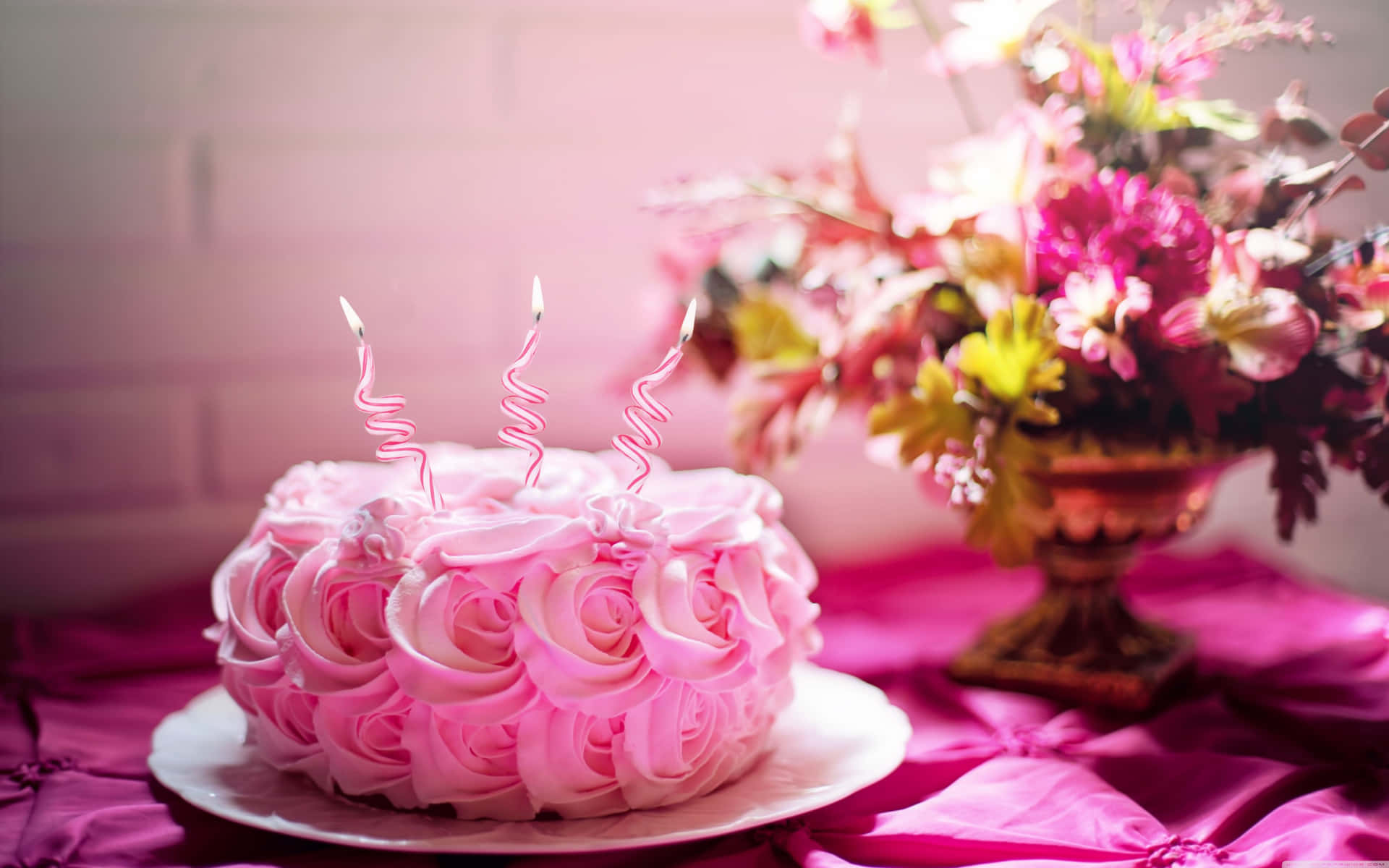 Mini Birthday Cake Near Vase Background