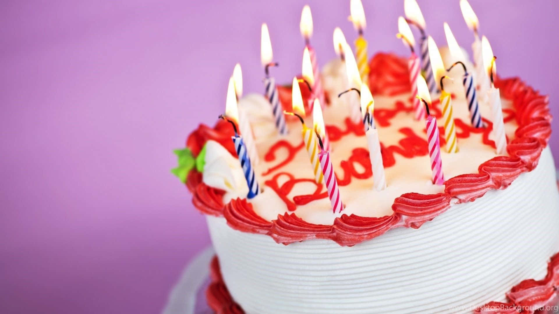 Red And White Birthday Cake With Candles Background