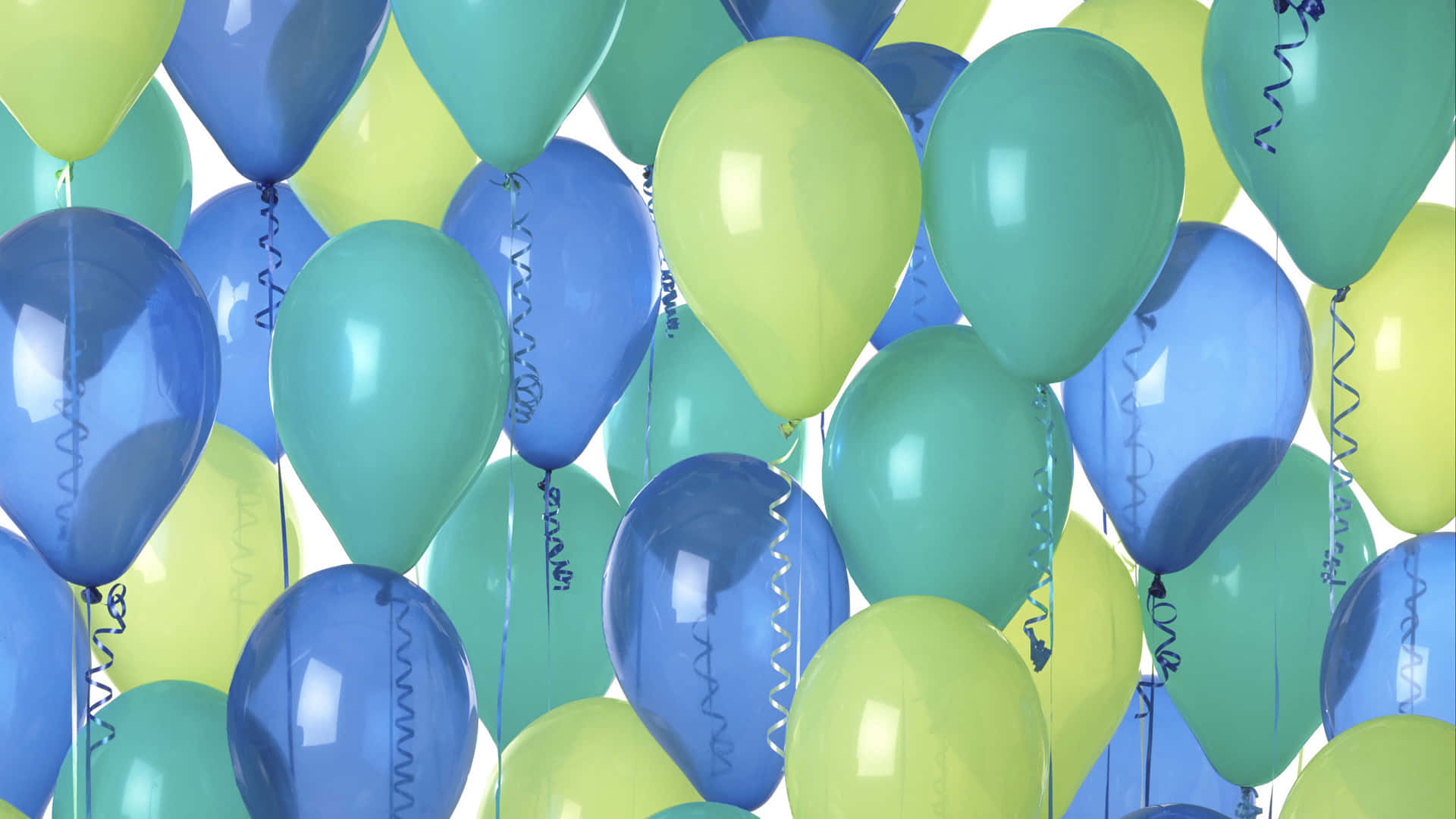 Balõesde Aniversário Em Tons De Azul E Verde, Imagem Estética De Papel De Parede Para Computador Ou Celular.