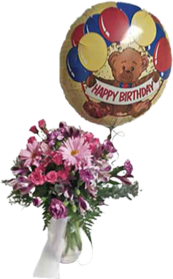 Birthday Bear Balloonand Flower Bouquet PNG
