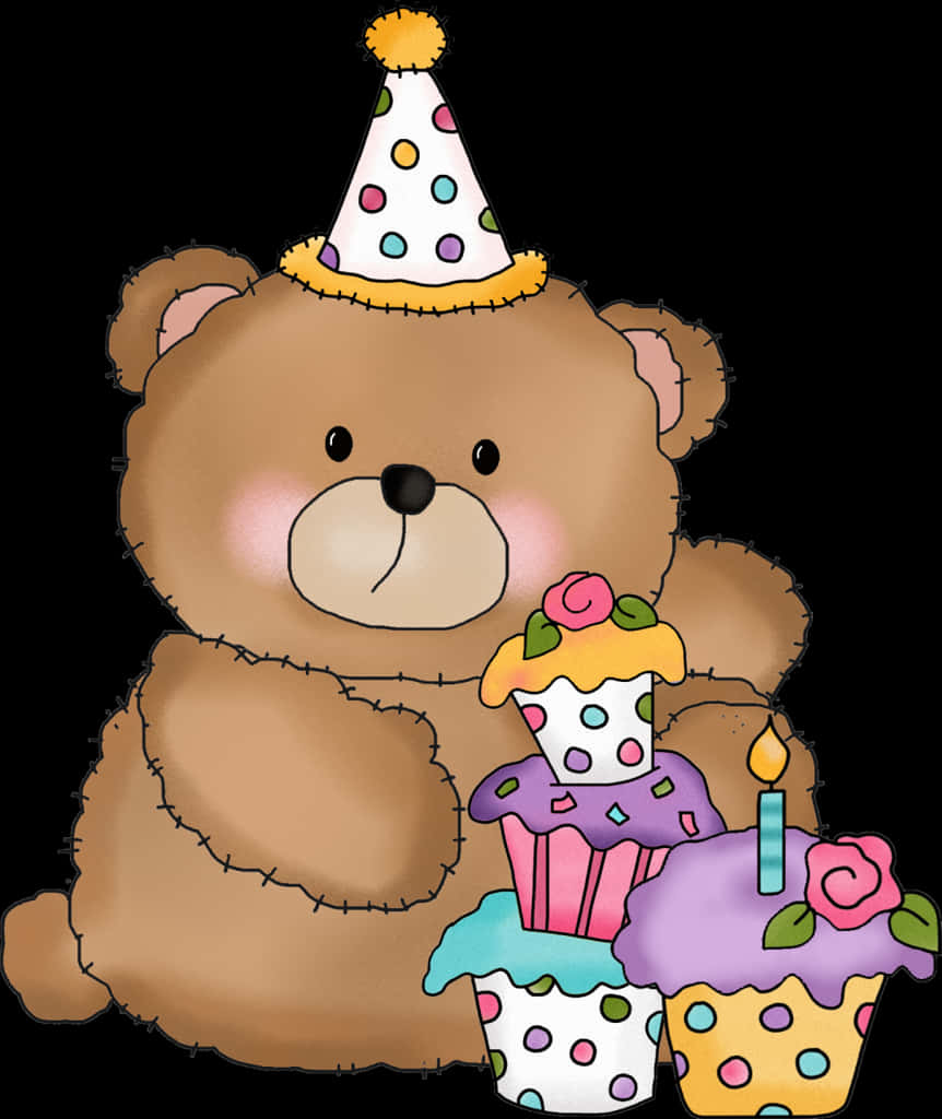 Birthday Bear With Cupcakesand Hat PNG