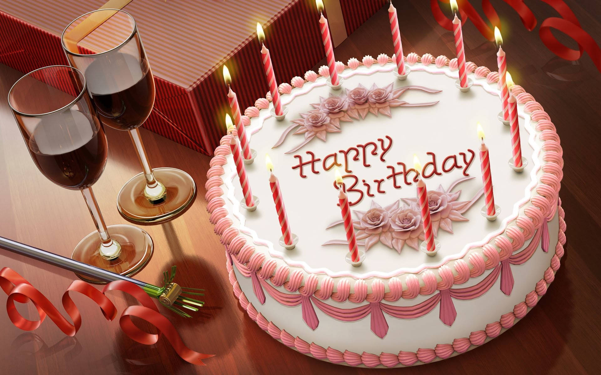 Festive Birthday Cake Illuminated by Candles with Red Wine Wallpaper