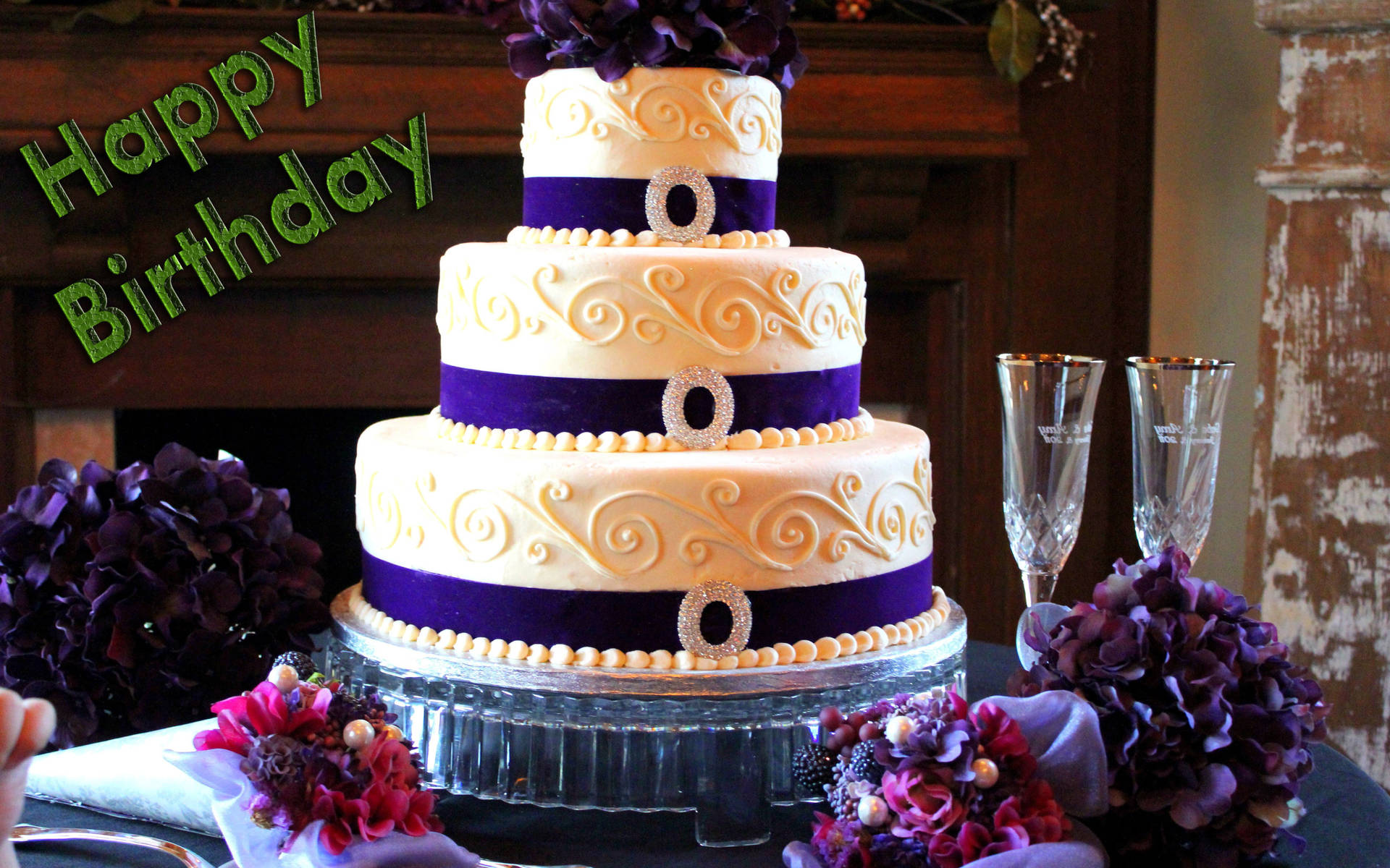 Birthday Cake With Purple Ribbons