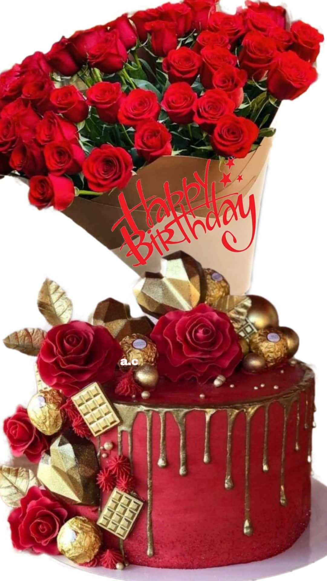 Red Gold Cake And Roses Birthday Message Picture