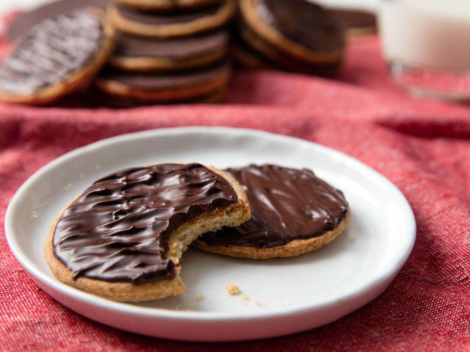 Chocolate Dipped Cookies On A Plate With Milk