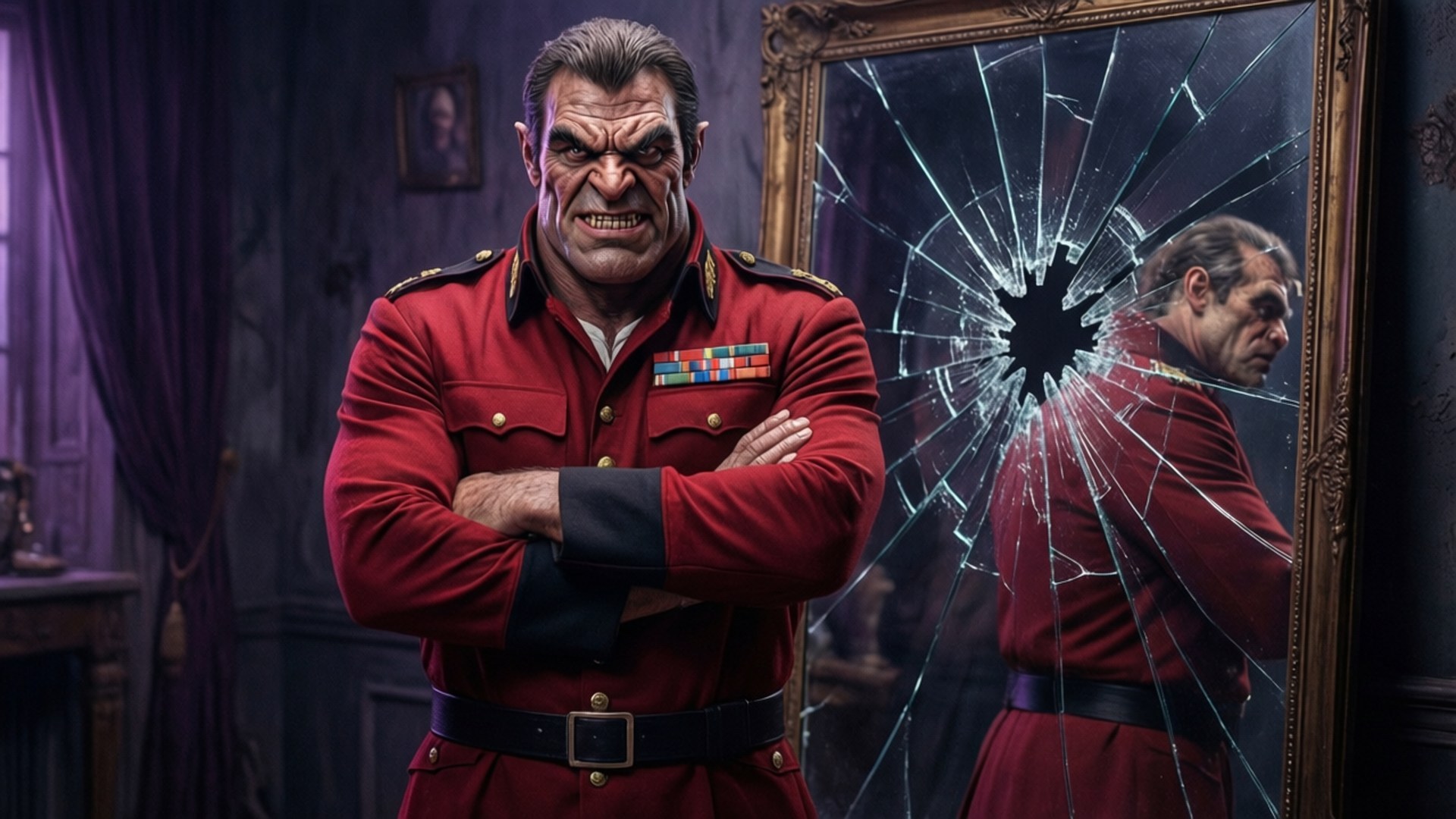 Bison Zerbrochene Reflexion Hintergrundbilder — M. Bison steht vor einem zersplitterten Spiegel mit mehreren Reflexionen, bedrohlich und dunkel.