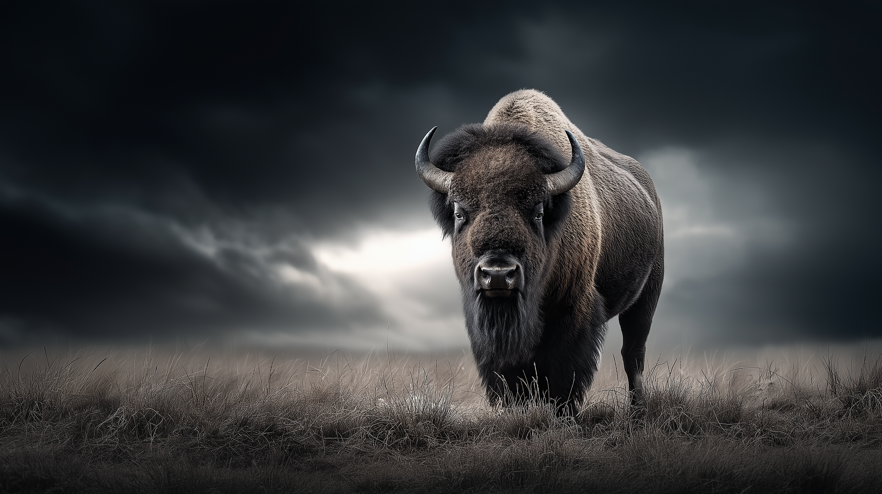 Bison Under Brooding Skies PNG — A majestic bison stands in a stormy field under a dark cloudy sky with dramatic lighting.