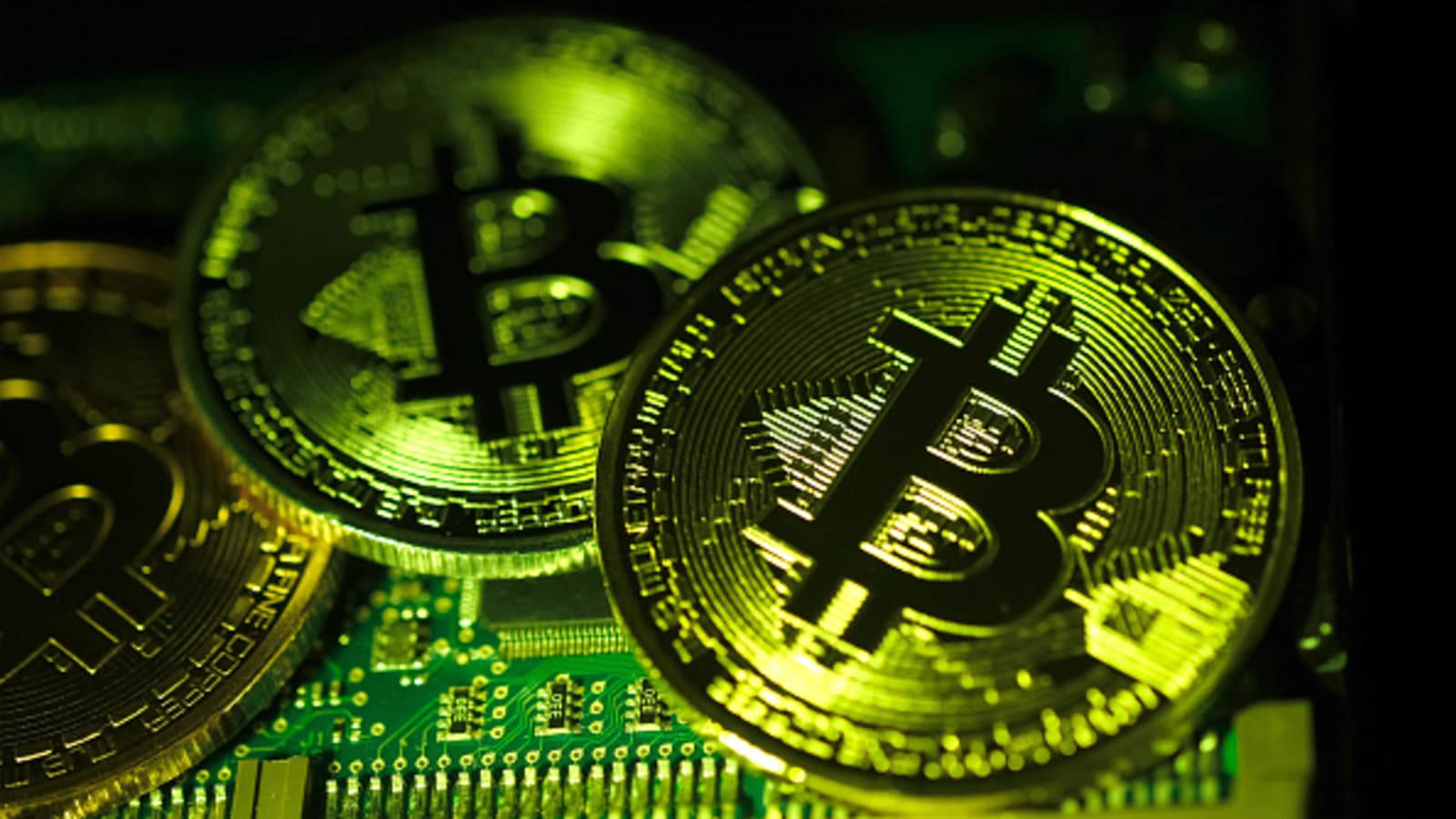 Bitcoins On Green Motherboard Crypto Background Picture