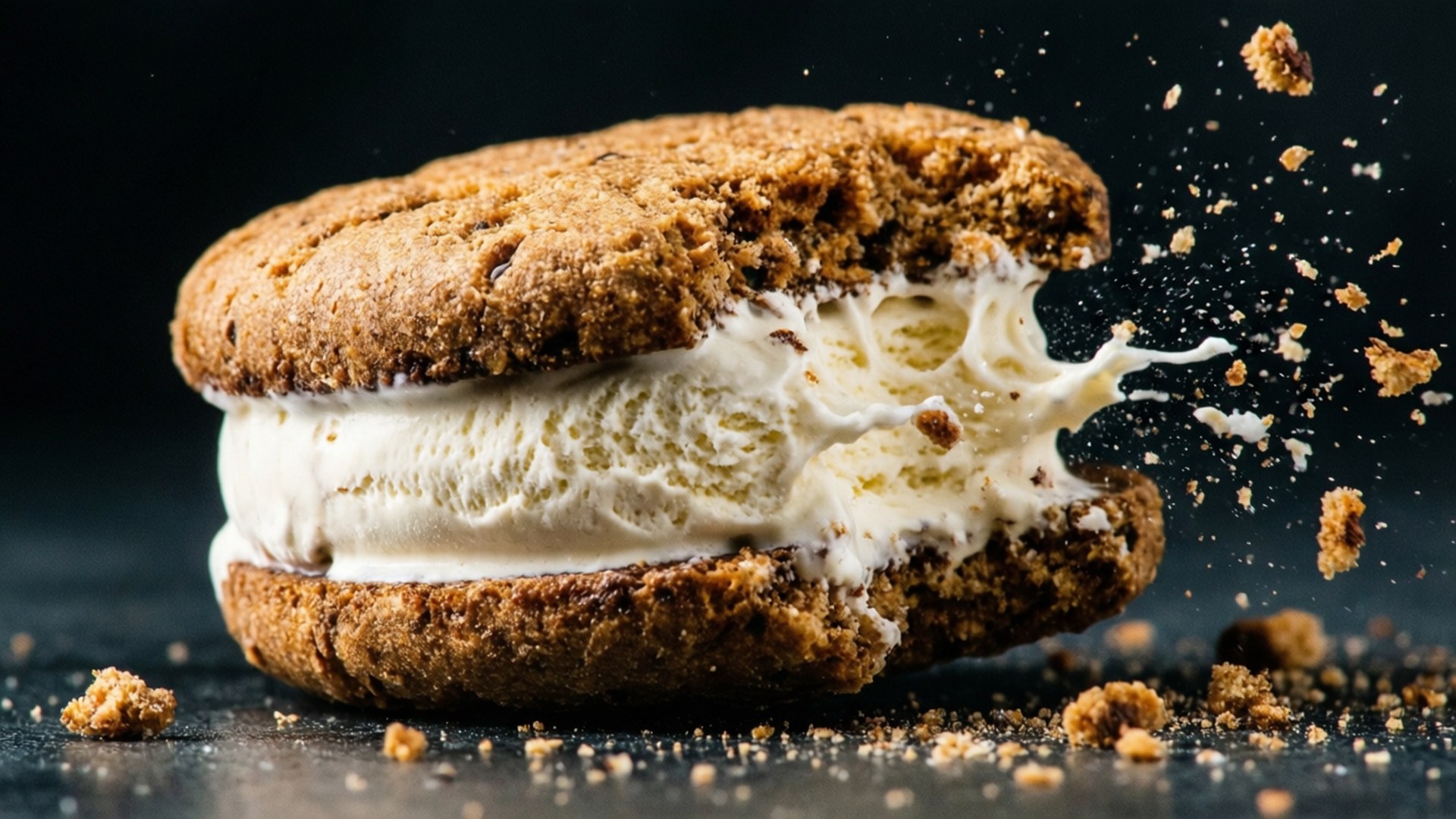 Et dynamisk sidebilde av en bitt iskrem-sandwich med flygende smuler, dramatisk belysning.
