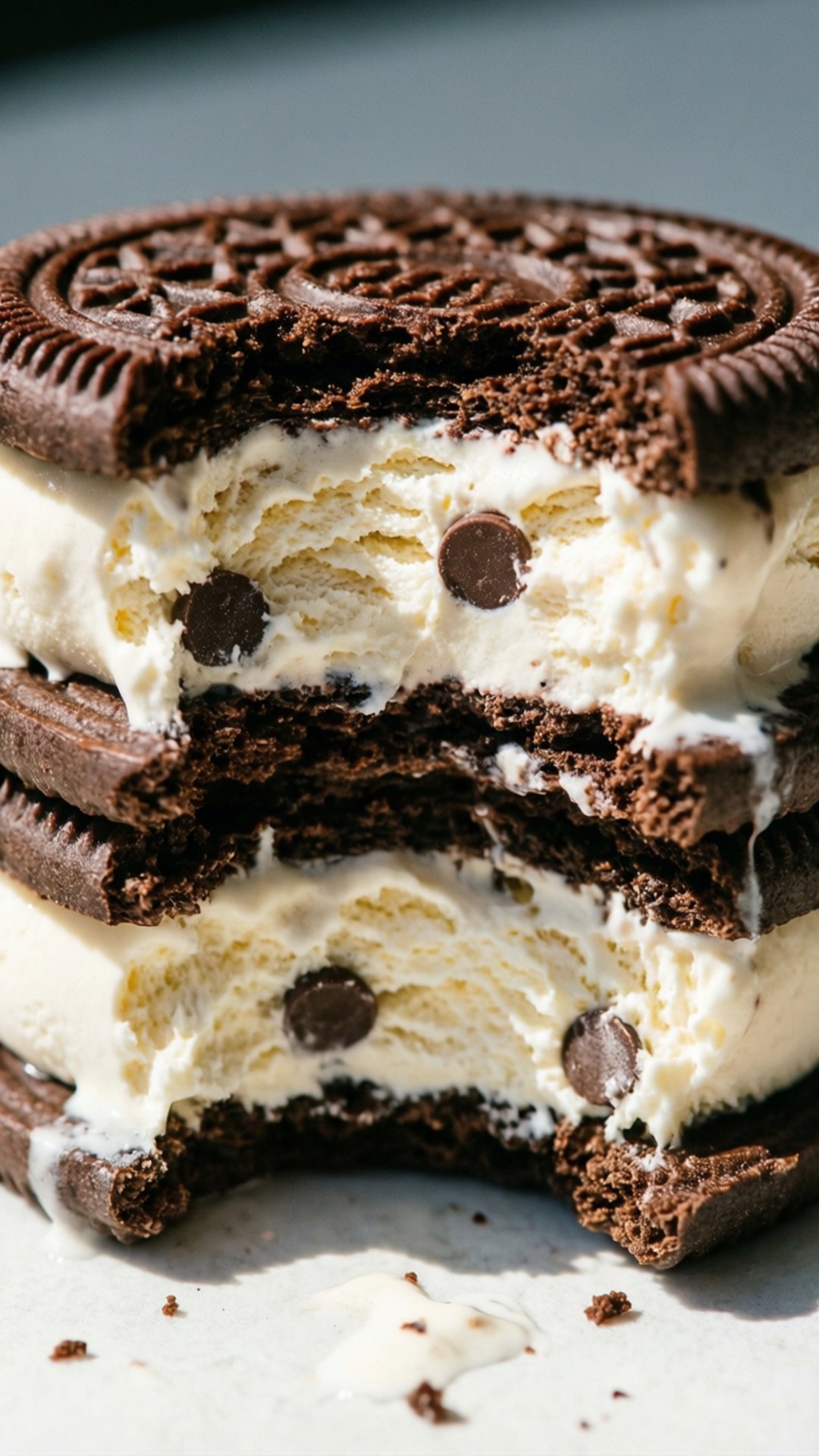 A close-up cross-section of an ice cream sandwich being bitten, showing layers. wallpaper