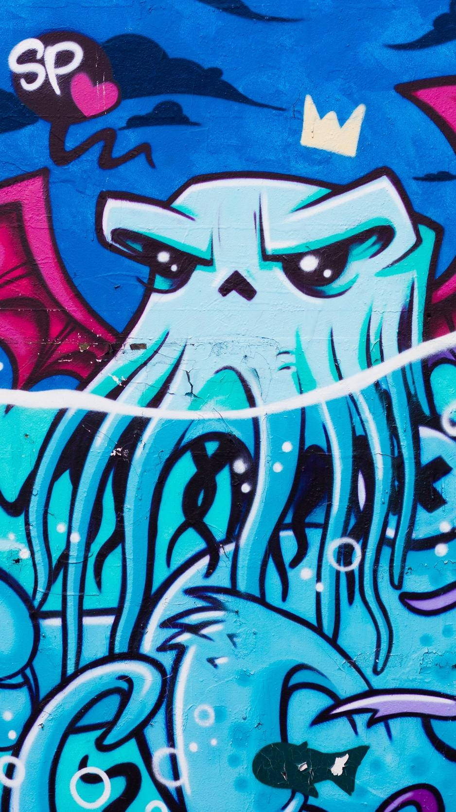 Blå Octopus Graffiti Iphone Wallpaper