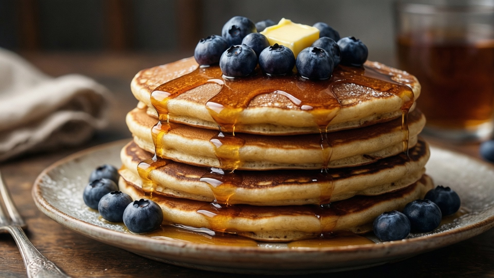 Blueberry Pancake Stack Wallpaper — A tall stack of golden pancakes drizzled with syrup and topped with blueberries and butter sits on a rustic plate.