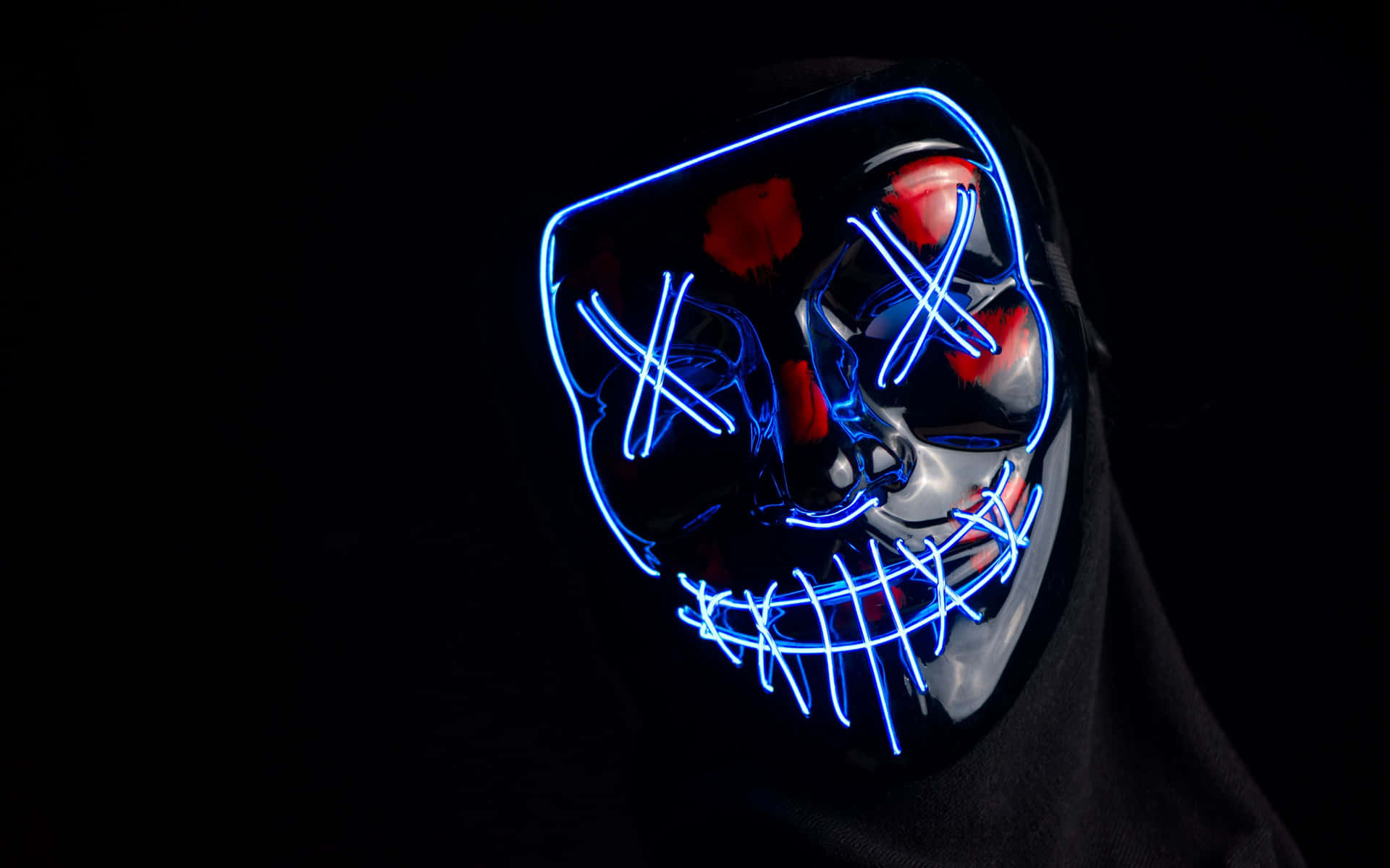 Black 4k Mask Anonymous With Blue Neon Lights Wallpaper