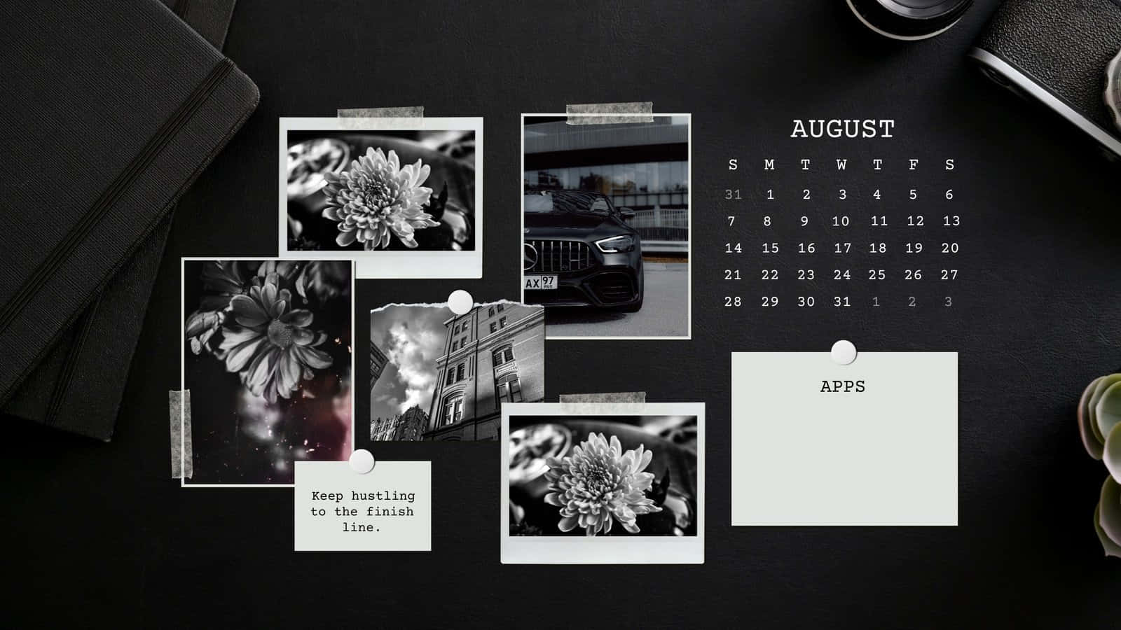 August Calendar With Photographs Black Aesthetic Background