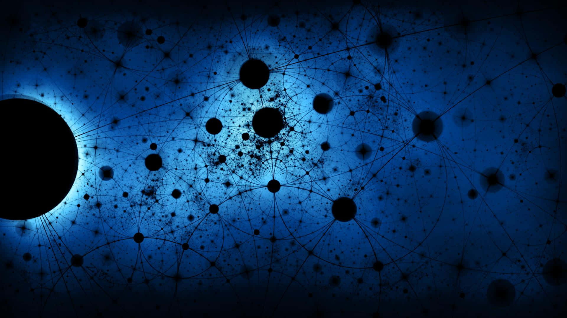 A Blue Background With A Black Circle And Black Dots