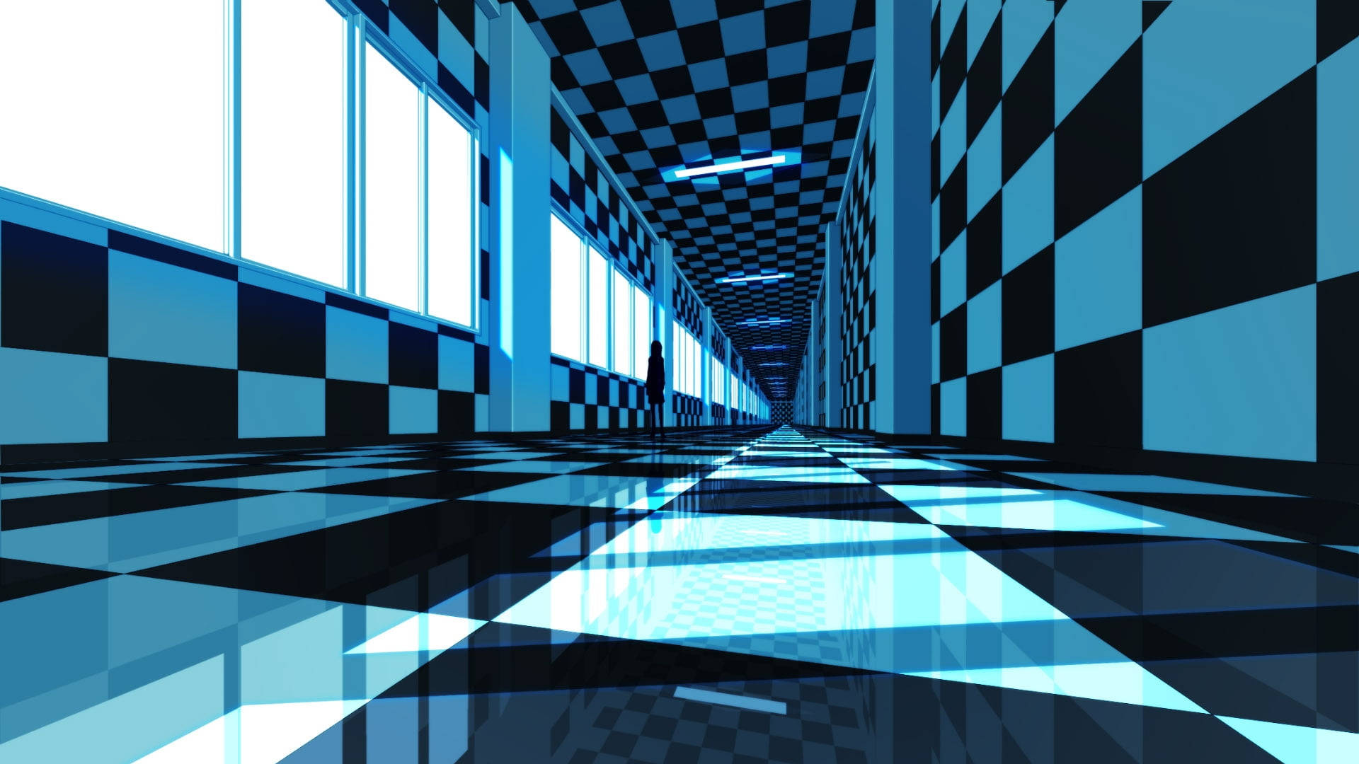 Mesmerizing Blue and Black Checkered Hallway Wallpaper