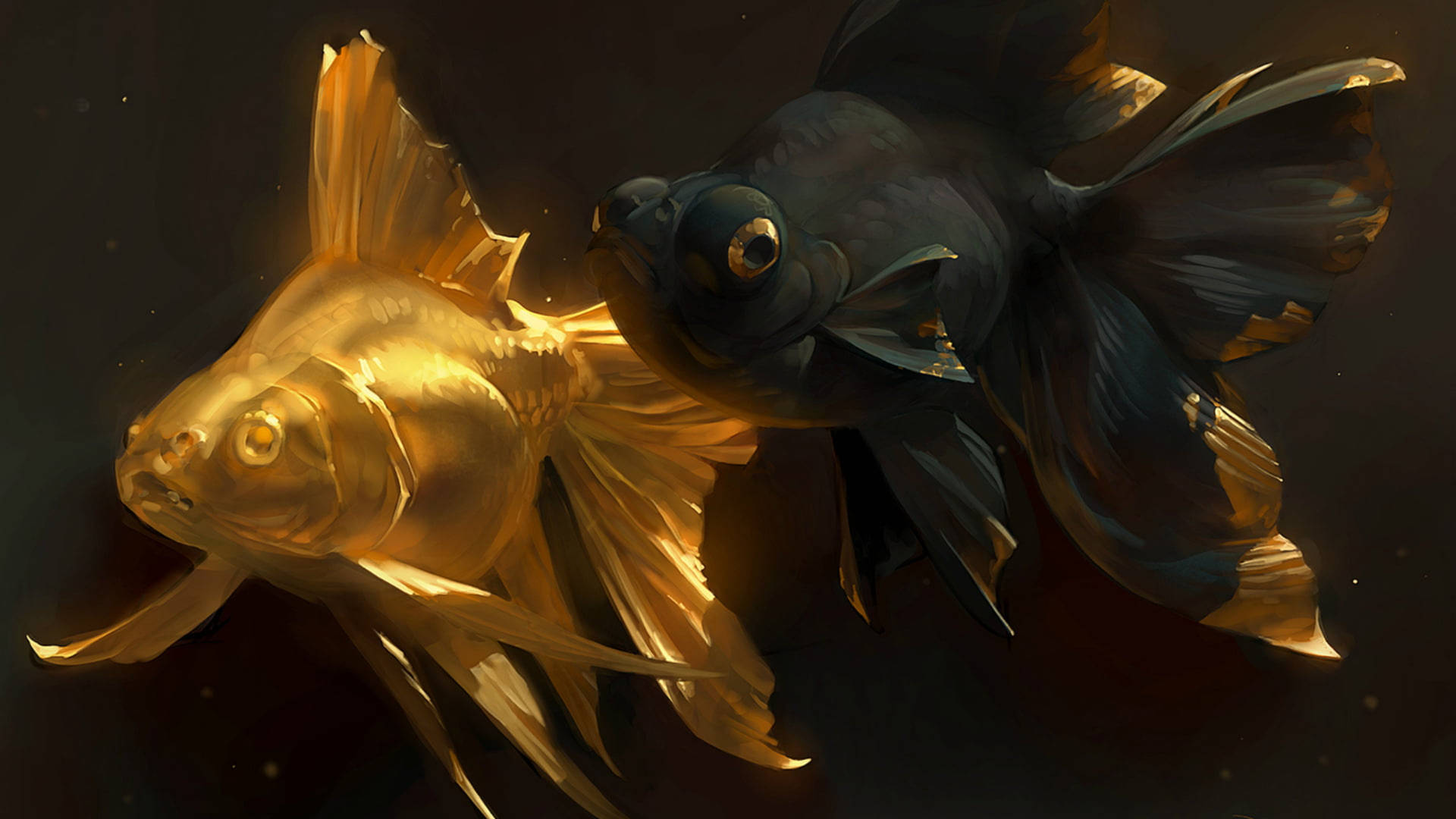 Opera D'arte Di Pesce Nero E Oro Sfondo