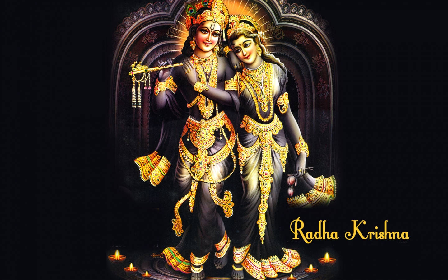 Bakgrundsbildför Datorn: Svarta Och Guldiga Motiv Av Radha Och Krishna. Wallpaper