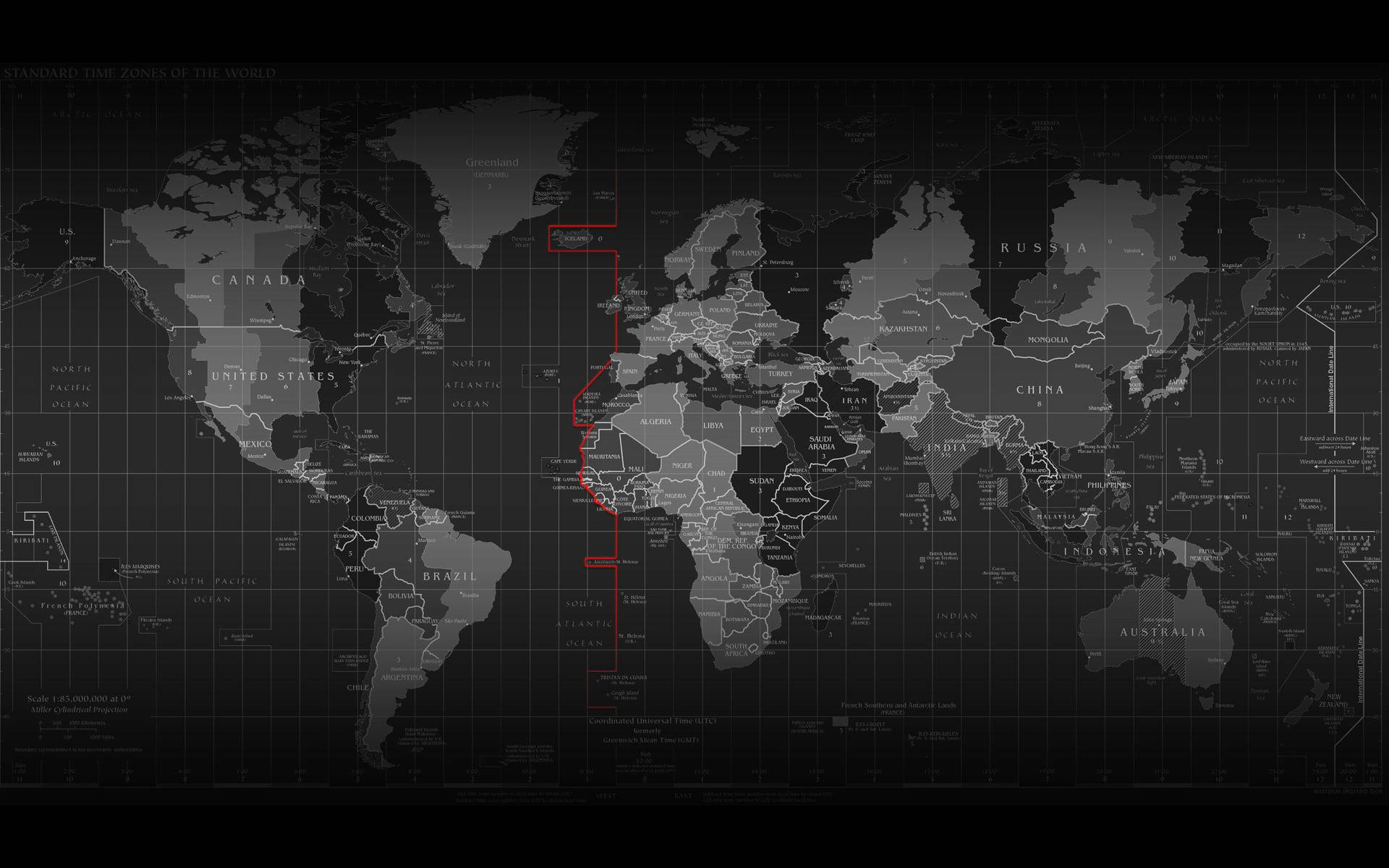 A Black and Gray Timezone World Map Wallpaper