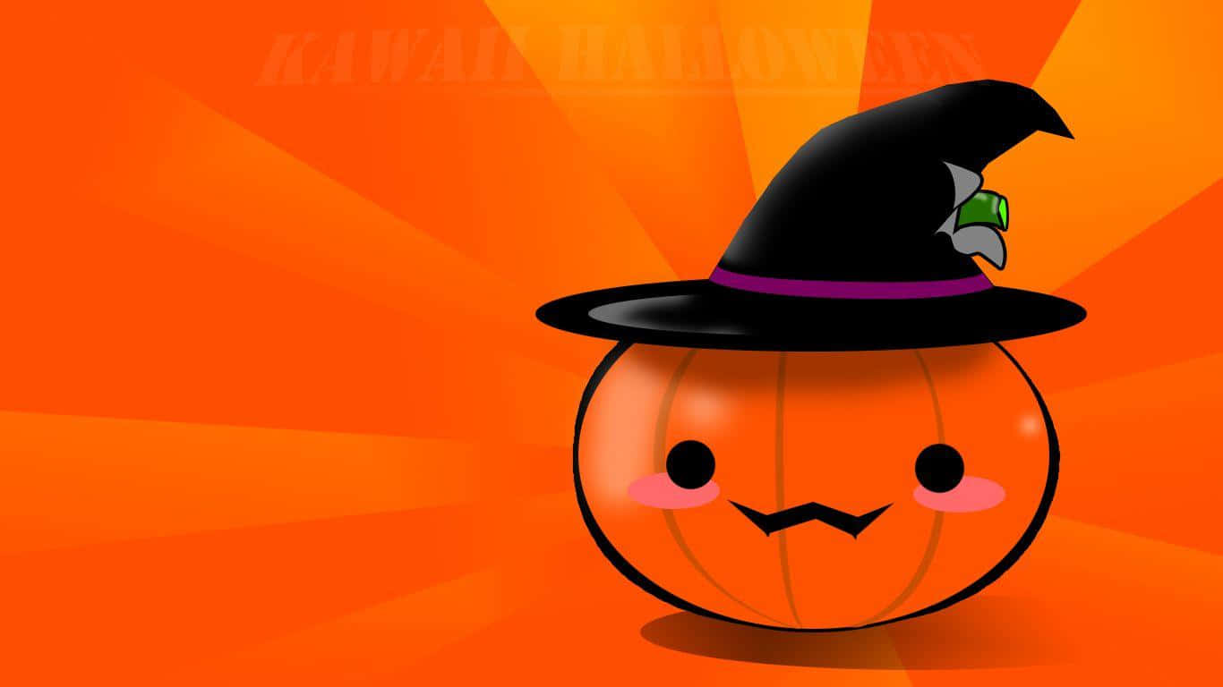 A Cute Pumpkin With A Witch Hat On An Orange Background