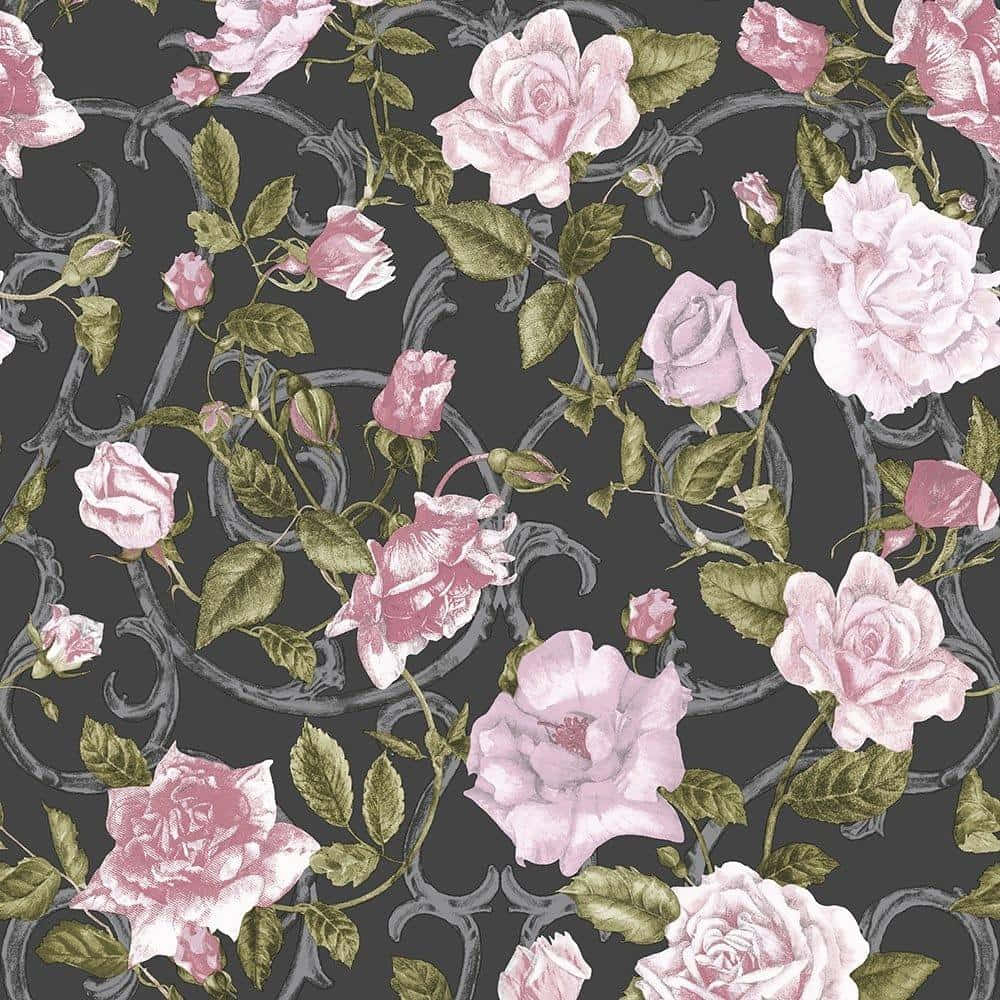 A Pink And Grey Floral Pattern On A Black Background Wallpaper