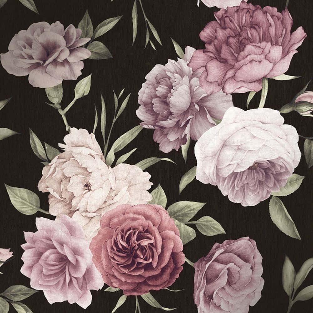 Klassisk sort og pink blomst mønster Wallpaper