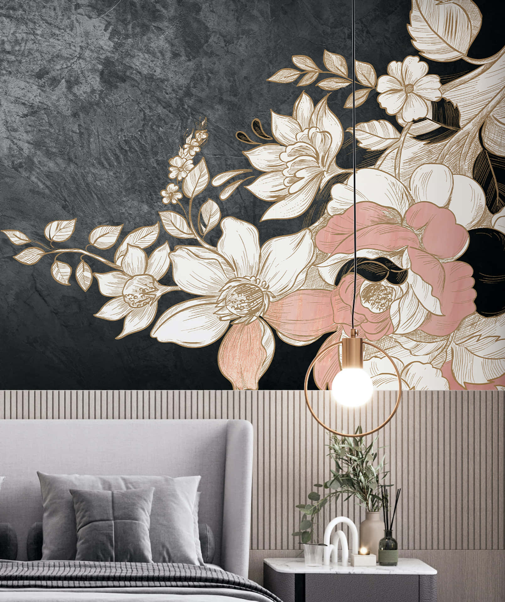 Schwarzesund Pinkes Blumen-schlafzimmer Design. Wallpaper