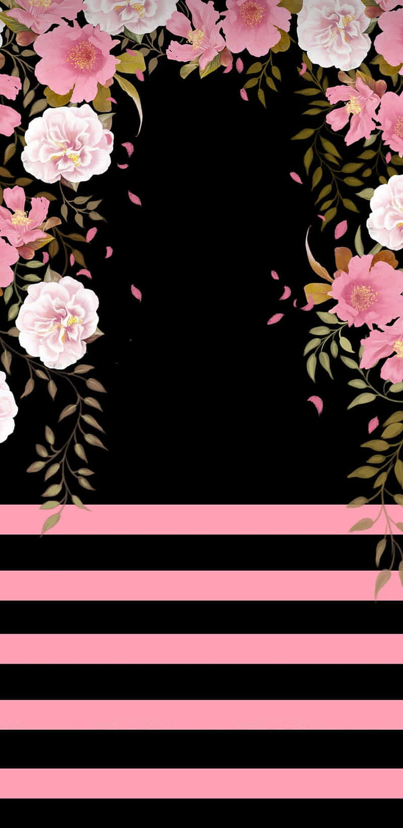 Sort og pink blomst og striber Wallpaper
