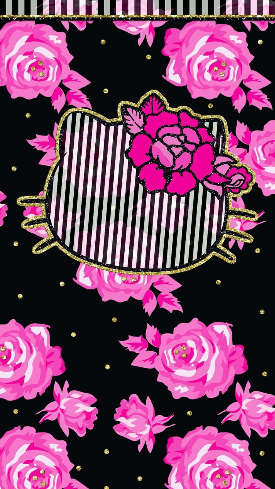 Svartoch Rosa Iphone Bakgrund Med Hello Kitty Och Rosor. Wallpaper