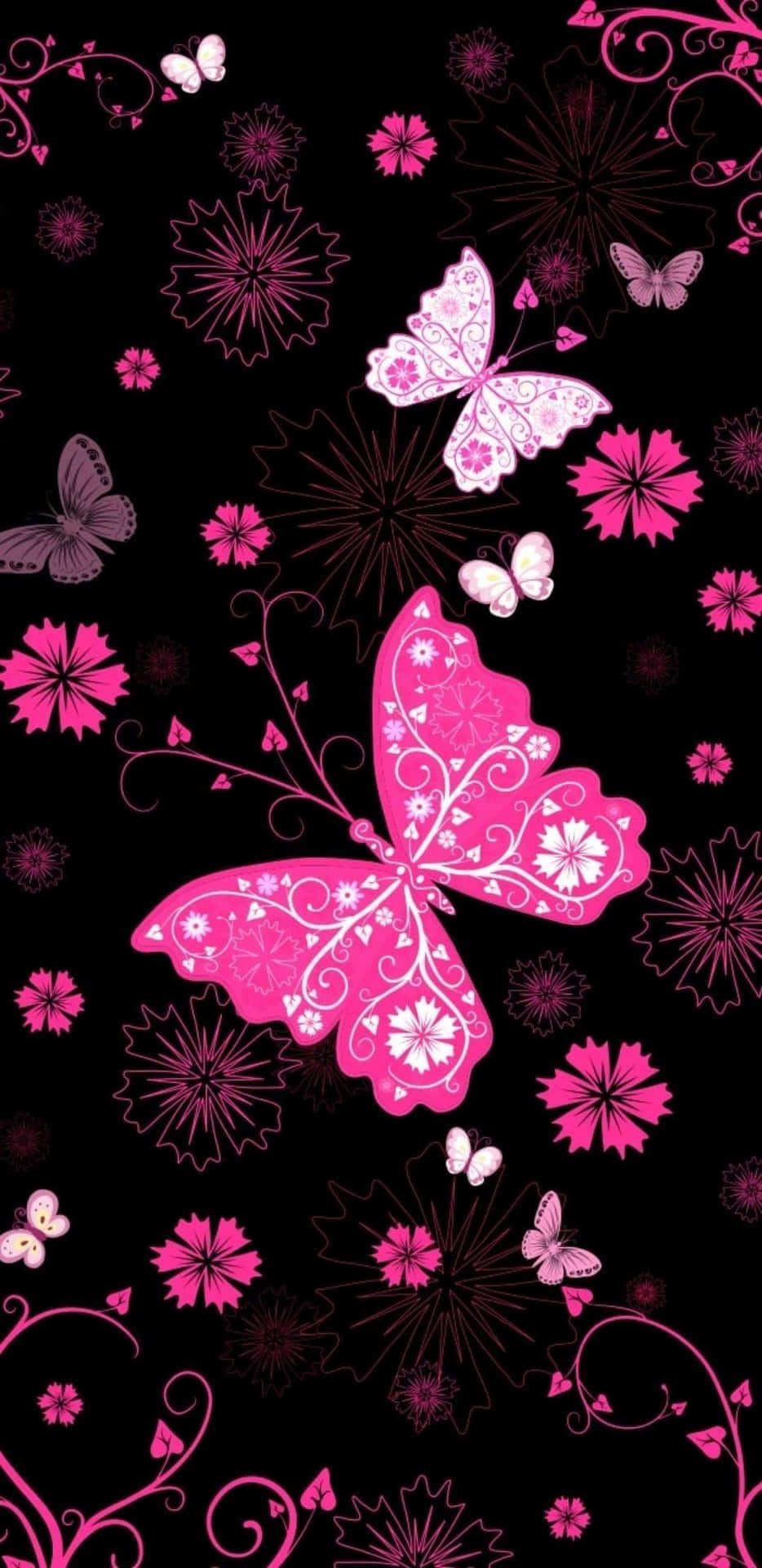 Flowers And Butterflies Black And Pink iPhone Wallpaper
