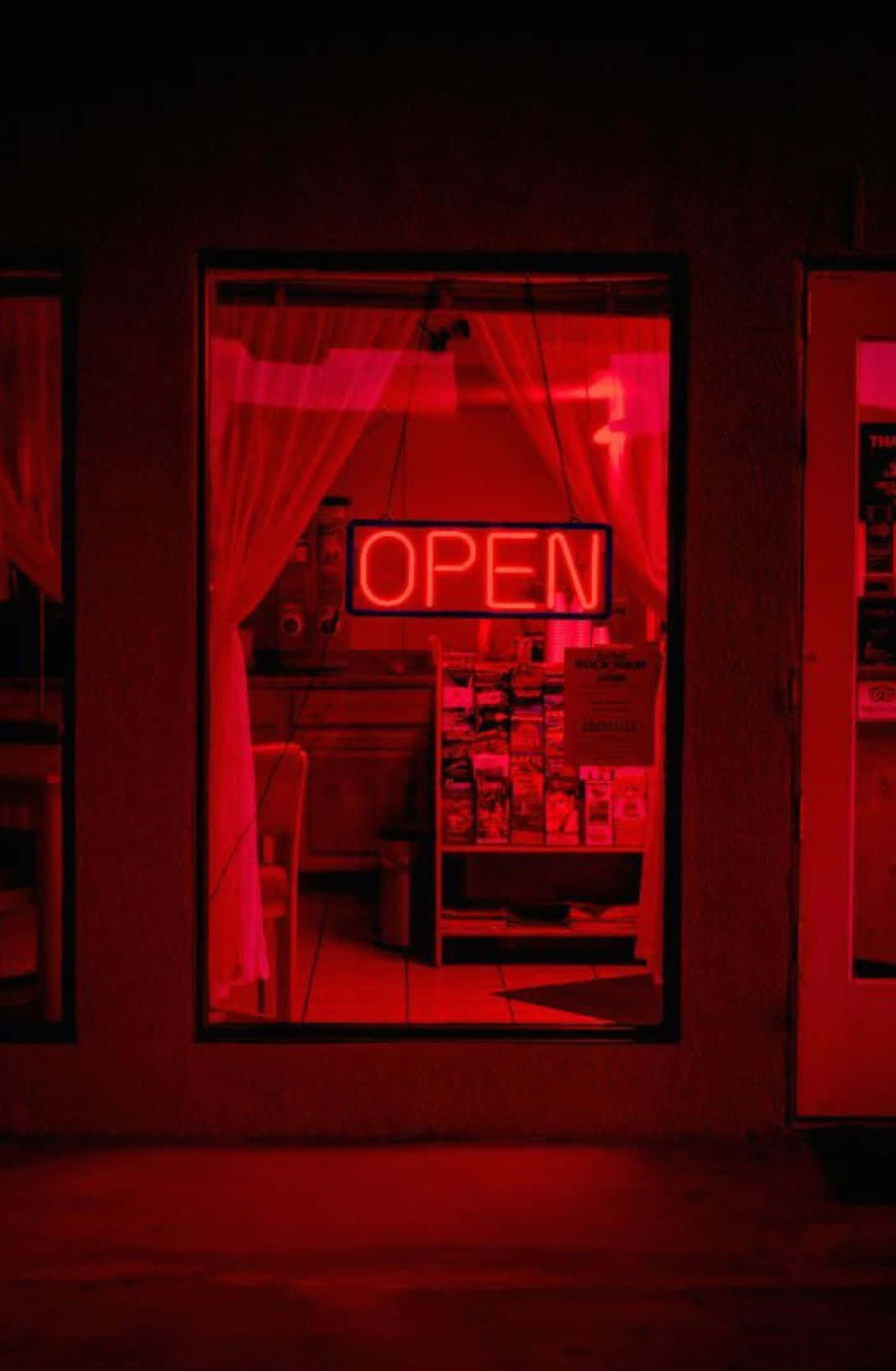 Open Neon Light Sign Store Black And Red Aesthetic Wallpaper
