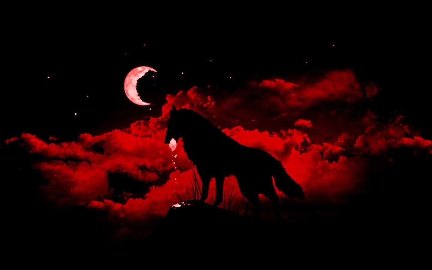 Black And Red Wolf Under Moonlight