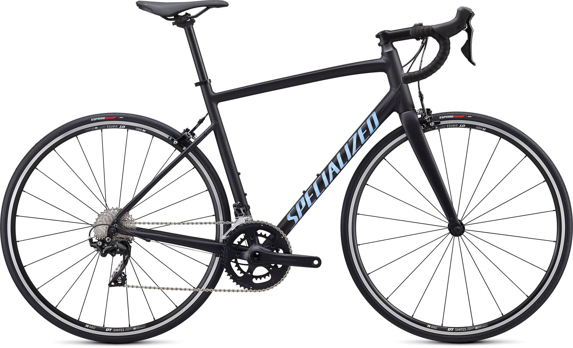 Biciclettaspecialized Ad Alte Prestazioni In Nero E Argento Blu Sfondo