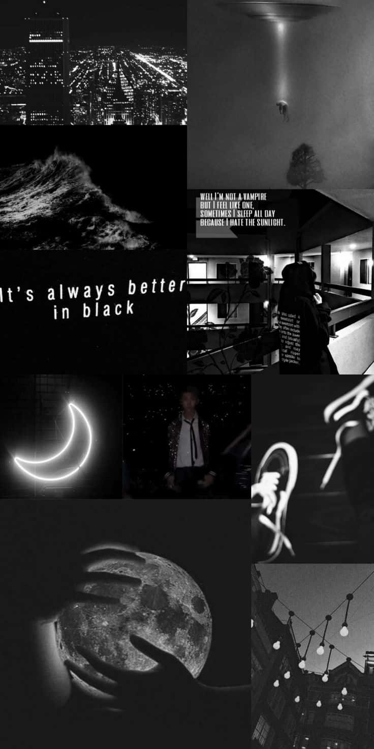 Et sammensat billede af sort-hvide billeder med ordene 'Det er altid bedst i mørke' skrevet over bunden. Wallpaper
