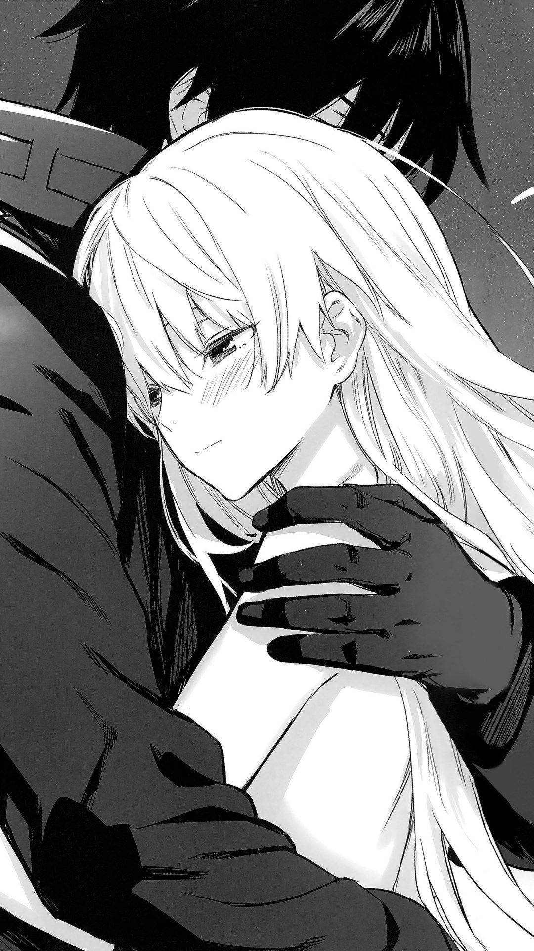 Elfondo De Pantalla Muestra Una Estética De Anime En Blanco Y Negro Con Una Pareja Abrazándose. Fondo de pantalla