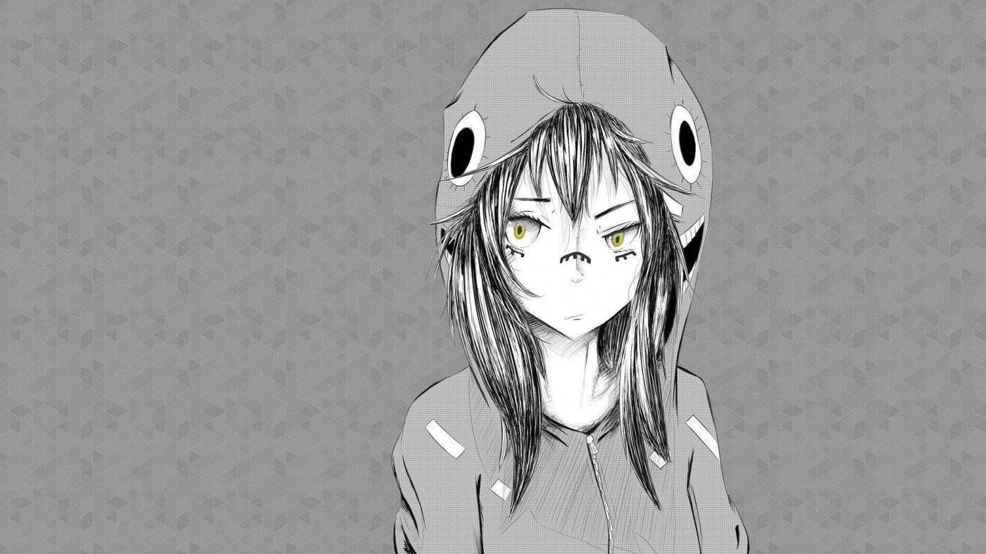 Sort og hvid anime æstetik pige med hat tapet Wallpaper