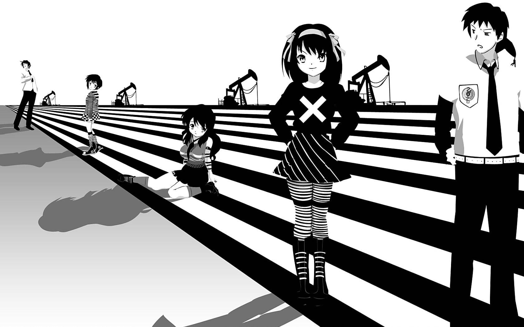 En sort og hvid anime dreng står alene i et mystisk miljø. Wallpaper