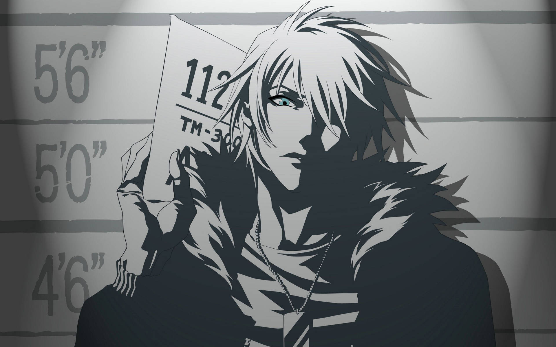 A black and white anime boy stares out of frame with a mysterious look. Wallpaper