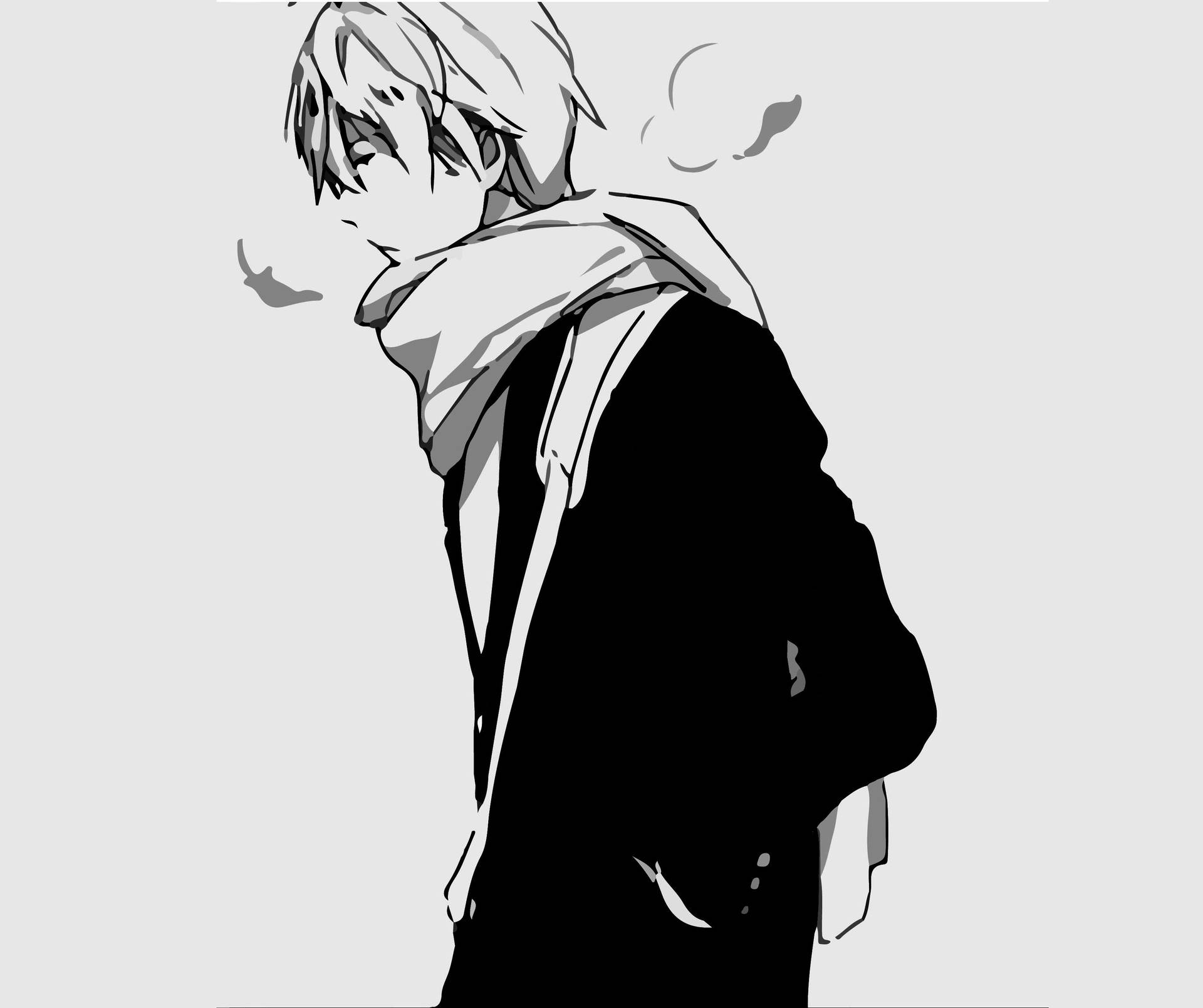 Stylisk sort og hvid anime dreng, står højt med selvtillid. Wallpaper