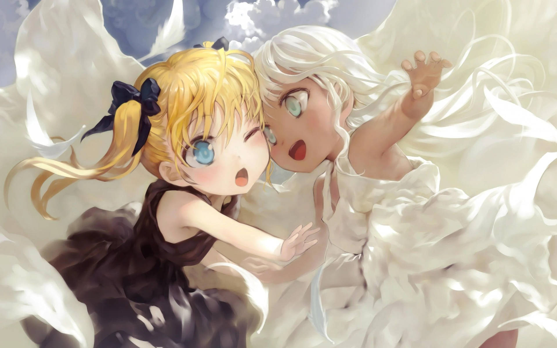 Sort og hvid animebørn og figurer på en teal baggrund. Wallpaper