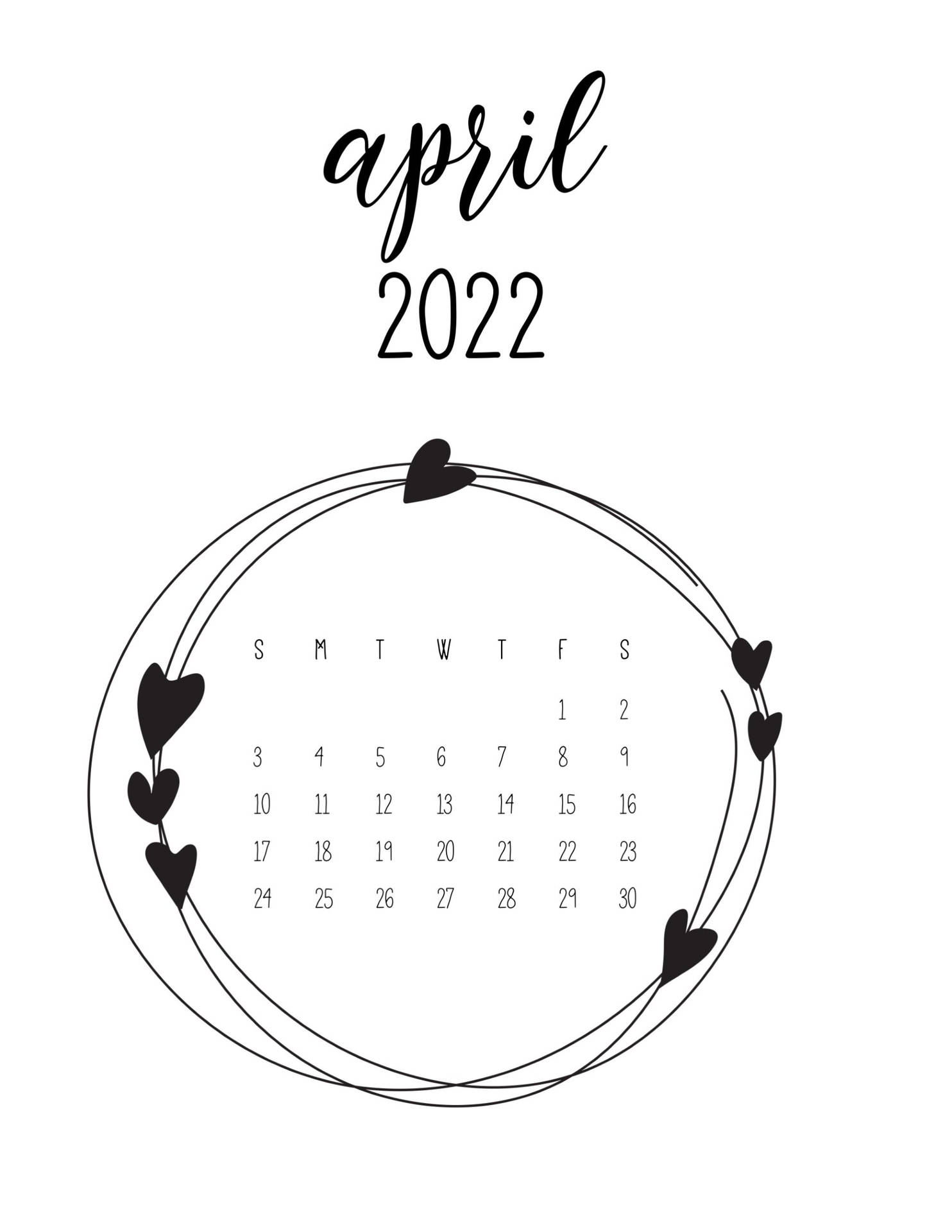 Black And White April 2022 Calendar