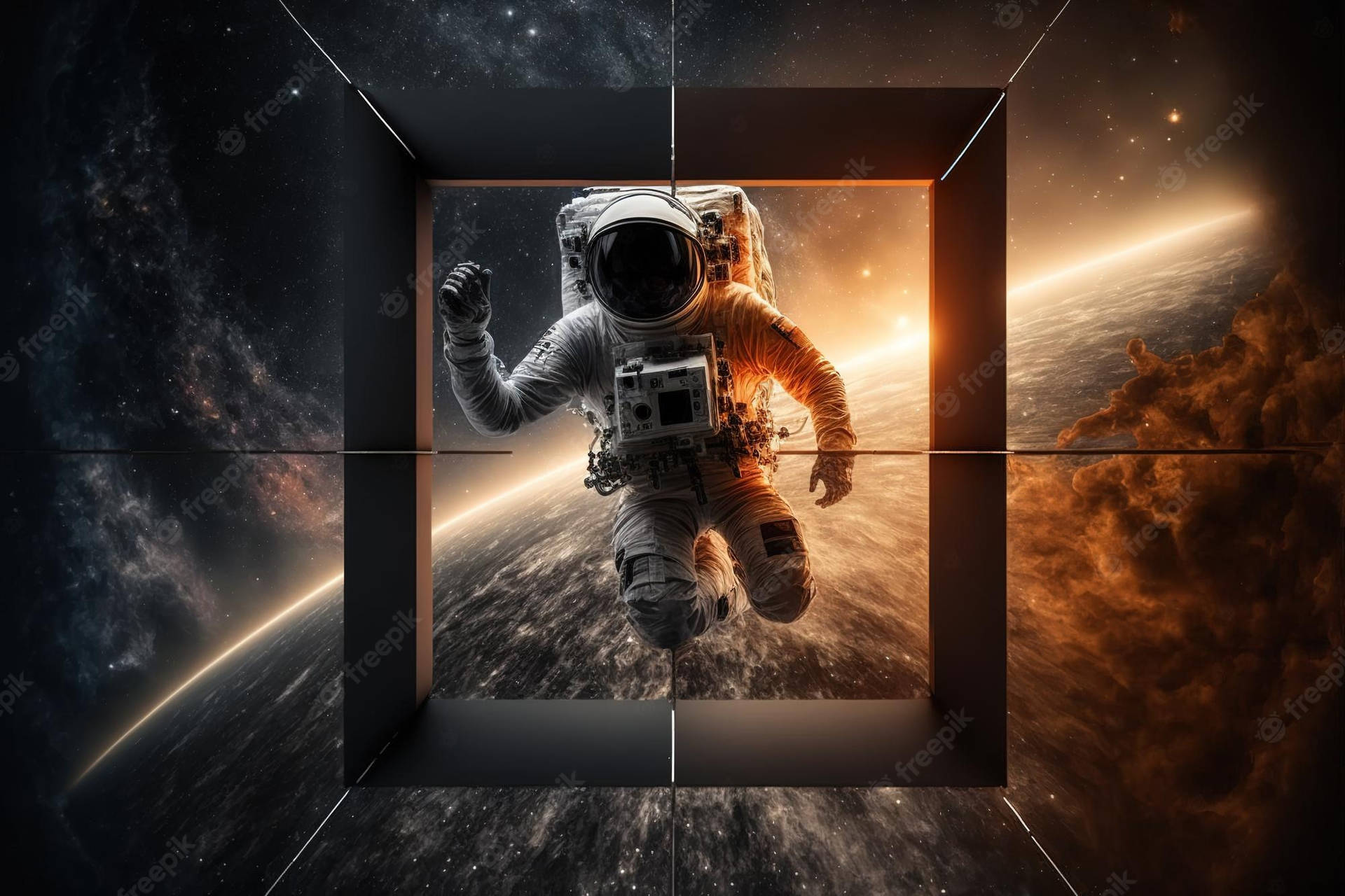 Astronautaen Blanco Y Negro En Marco Cuadrado Con Rayo De Sol Fondo de pantalla