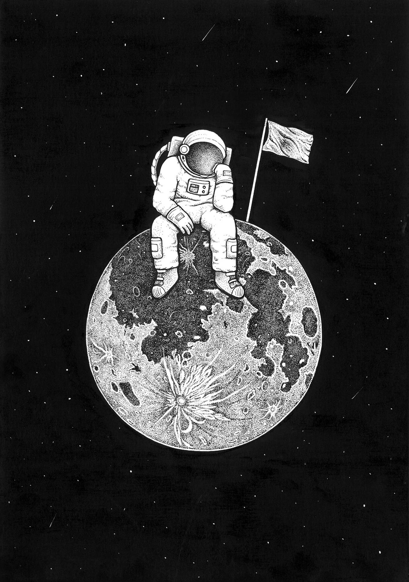 Black And White Astronaut Sitting On Planet Art Wallpaper