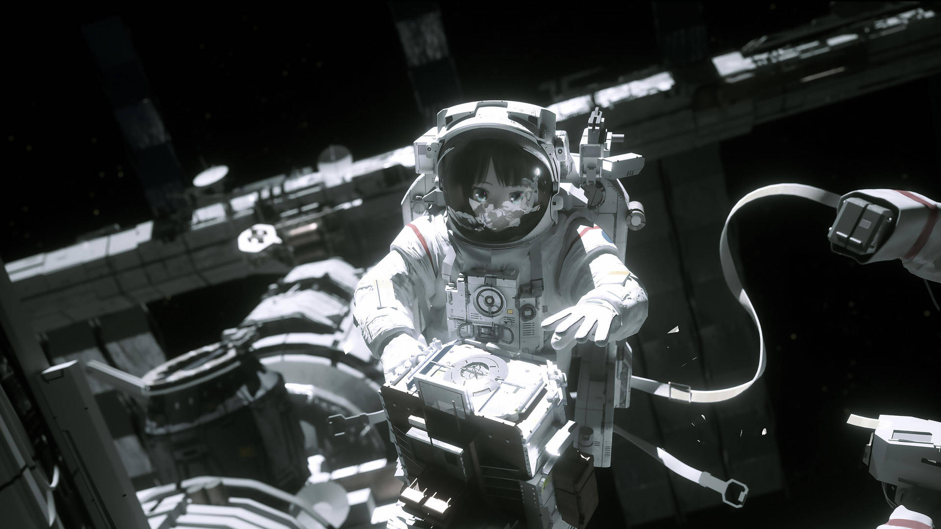 En sort-hvid foto af en rumfarende astronaut mod det kolde vacuum af rummet. Wallpaper