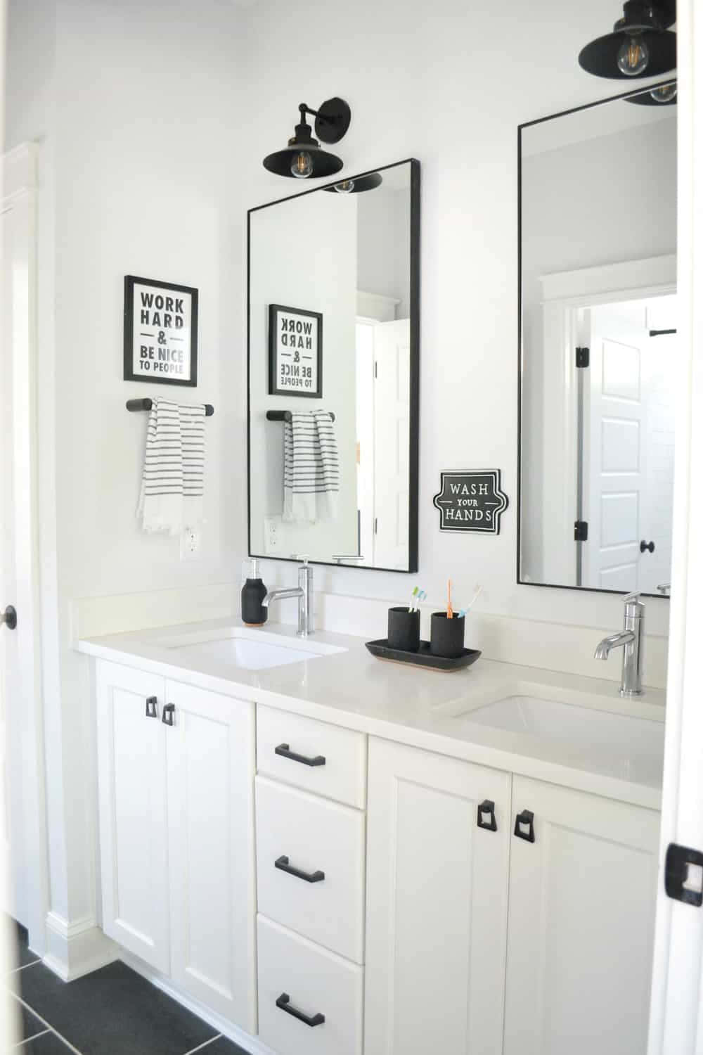 Modern Black and White Bathroom with Freestanding Sink