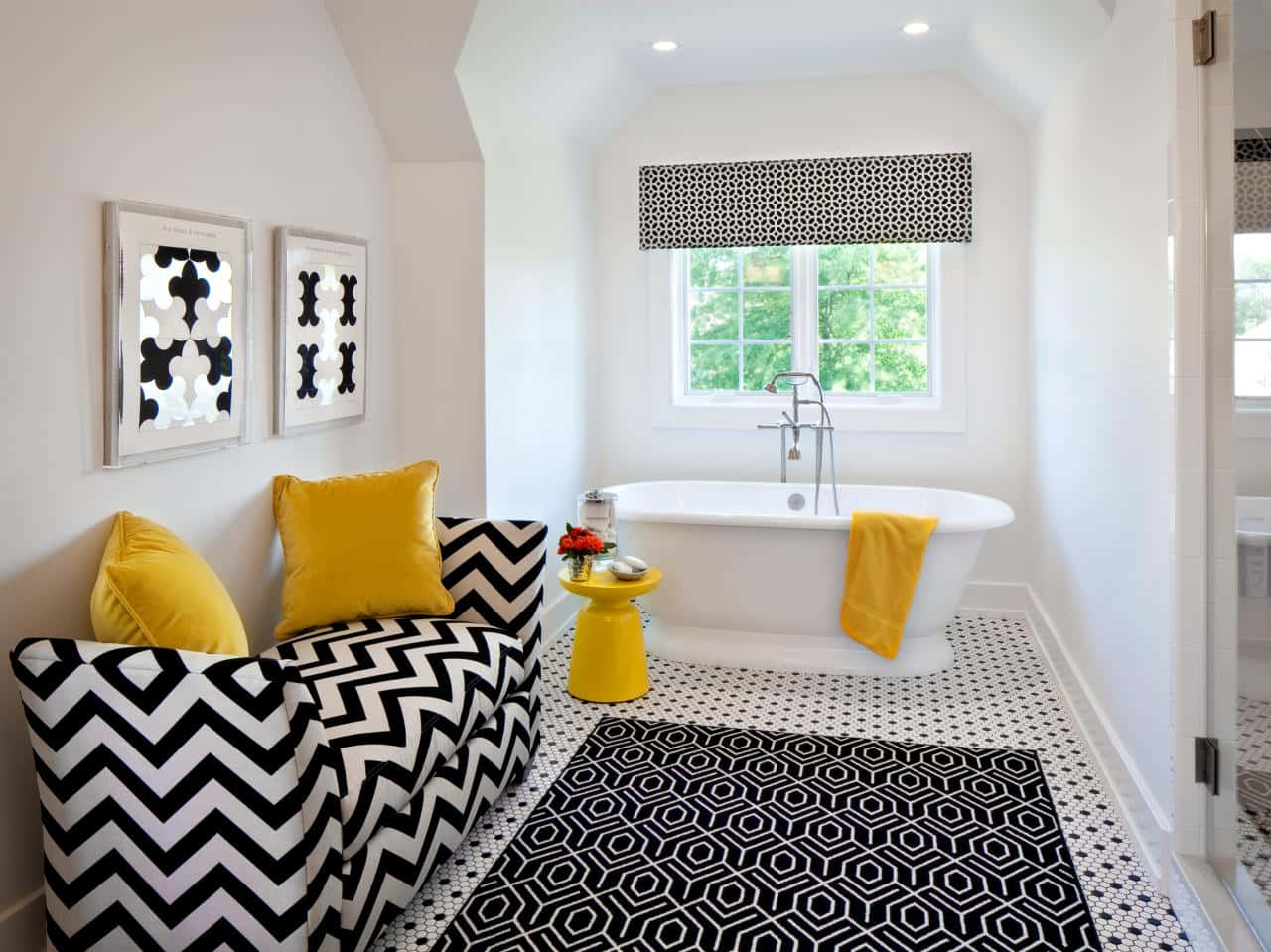 A Bathroom With A Yellow And Black Rug And Tub