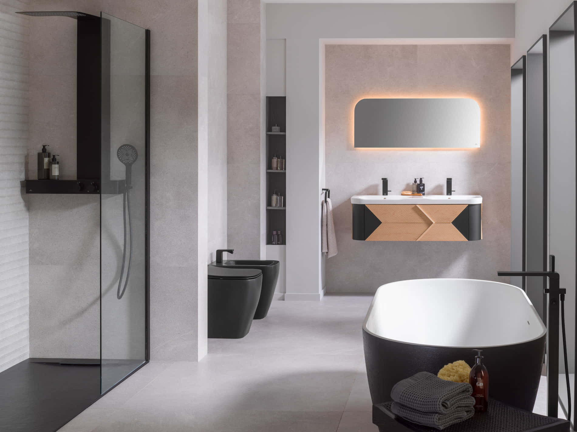 A Modern Bathroom With A Black Tub And Mirror