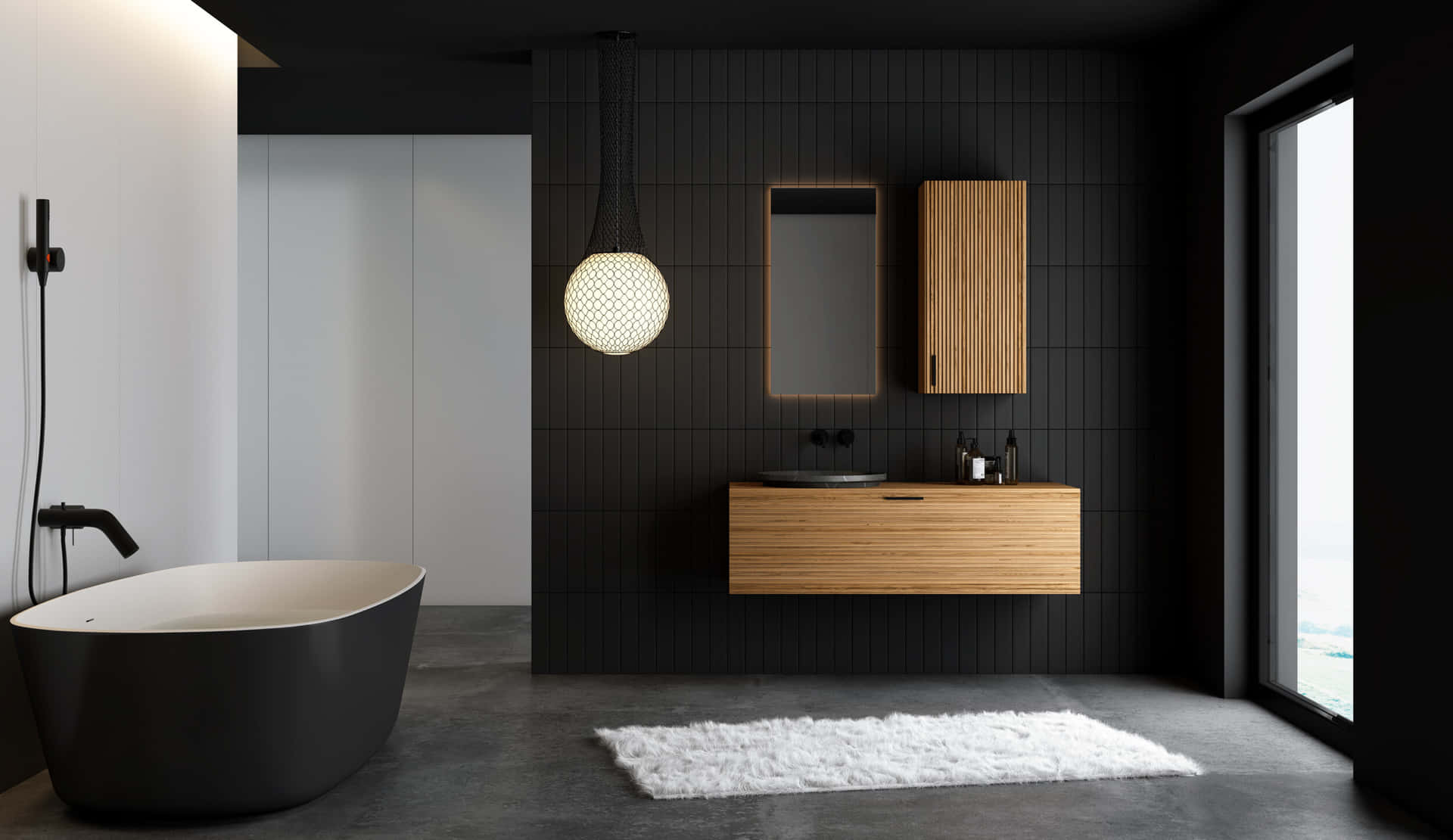 A Black Bathroom With A Wooden Sink